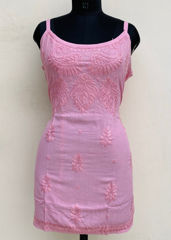 Lucknowi Chikankari Noodle Strap Short Kurti Pink Modal Cotton With Self Work