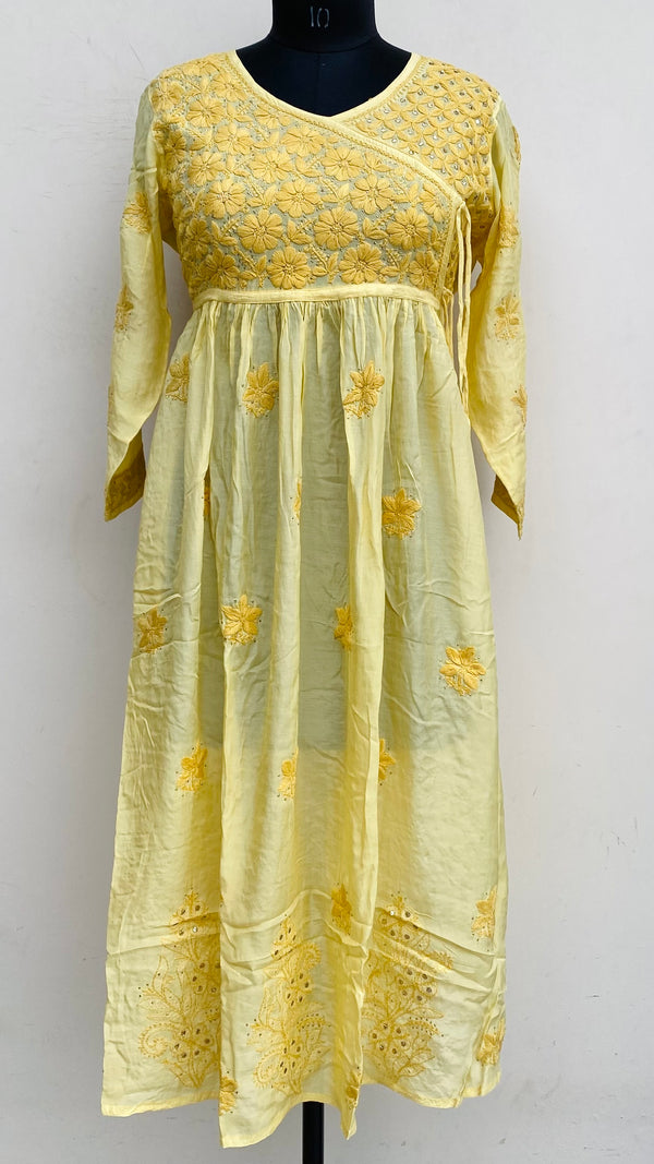 Lucknowi Chikankari Angrakha Kurti Yellow Muslin Cotton With Self 3D & Mukaish Work