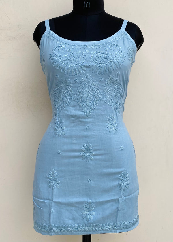 Lucknowi Chikankari Noodle Strap Short Kurti Aqua Blue Modal Cotton With Self Work