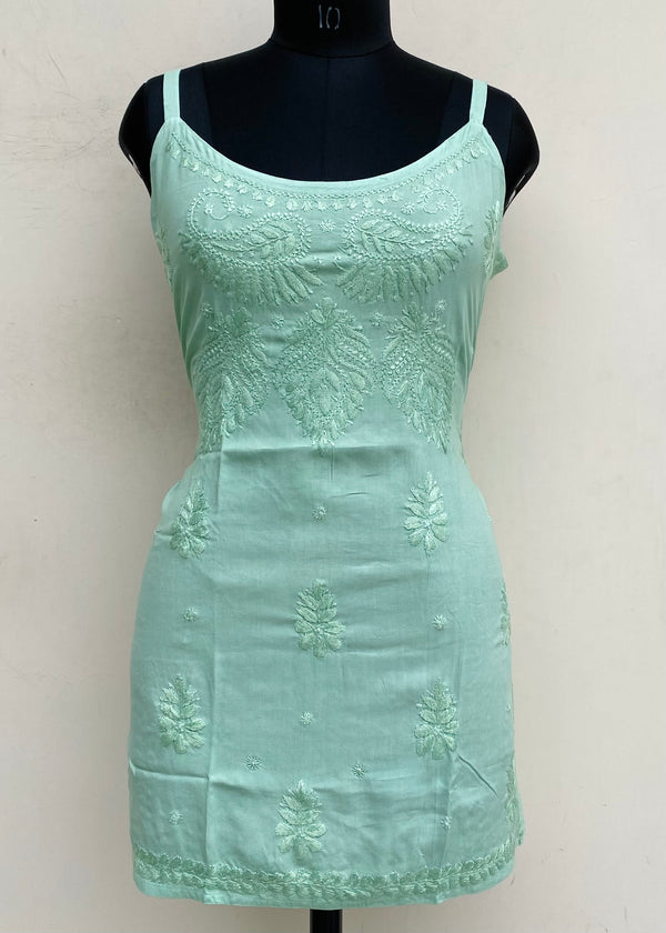 Lucknowi Chikankari Noodle Strap Short Kurti Green Modal Cotton With Self Work