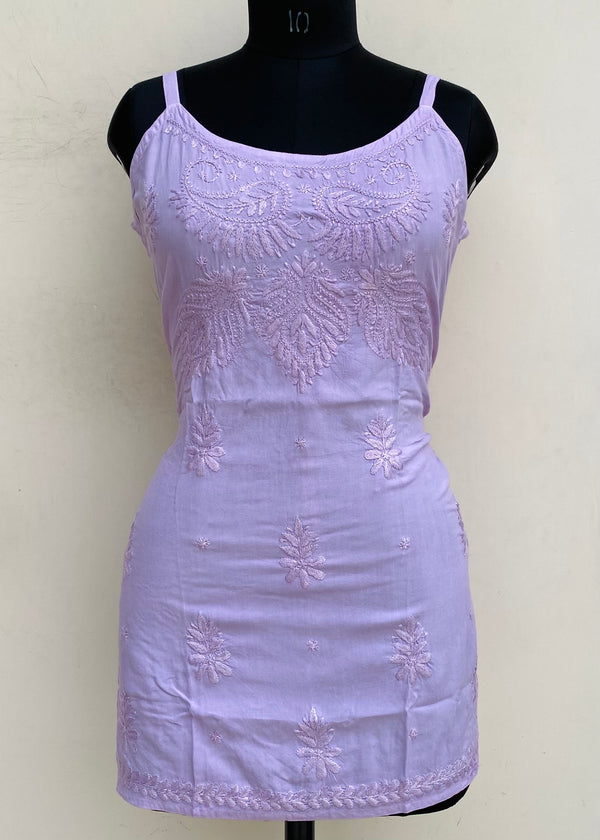 Lucknowi Chikankari Noodle Strap Short Kurti Purple Modal Cotton With Self Work