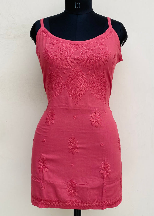 Lucknowi Chikankari Noodle Strap Short Kurti Red Modal Cotton With Self Work