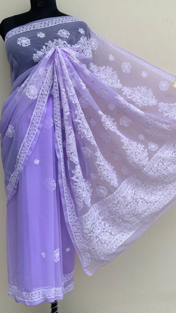 Lucknowi Chikankari Saree Purple Georgette With Mukaish Work