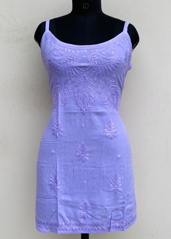 Lucknowi Chikankari Noodle Strap Short Kurti Purple Modal Cotton With Self Work