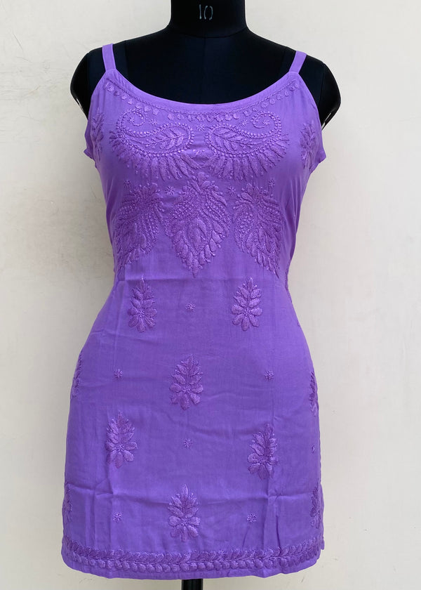 Lucknowi Chikankari Noodle Strap Short Kurti Purple Modal Cotton With Self Work