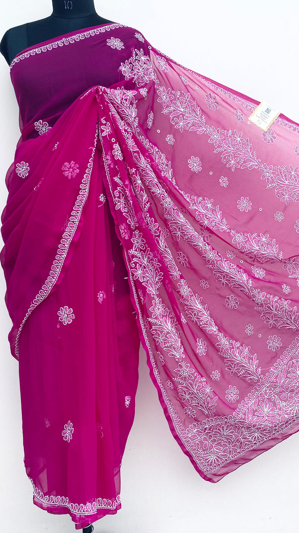 Lucknowi Chikankari Saree Wine Georgette With Mukaish Work