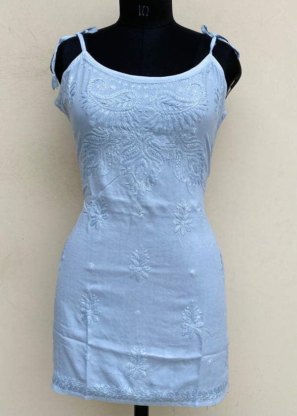 Lucknowi Chikankari Noodle Strap Short Kurti Powder Blue Modal Cotton With Self Work
