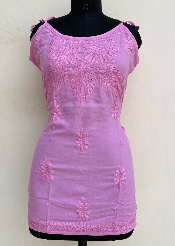 Lucknowi Chikankari Noodle Strap Short Kurti Pink Modal Cotton With Self Work