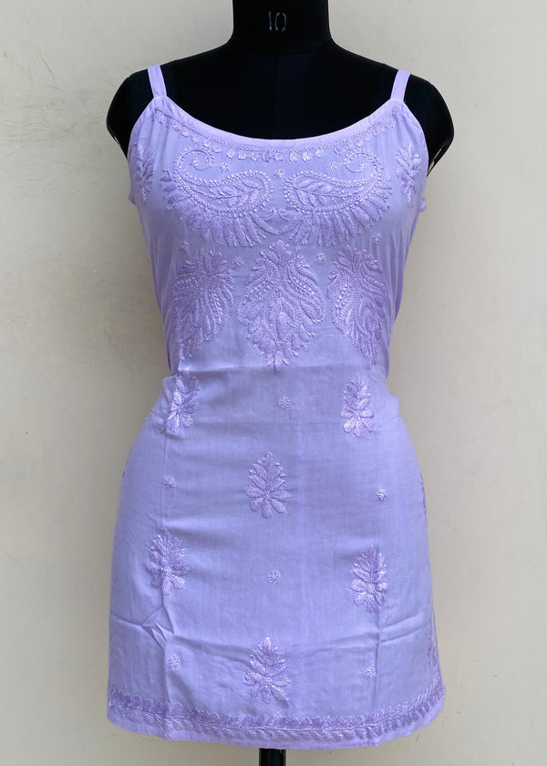 Lucknowi Chikankari Noodle Strap Short Kurti Purple Modal Cotton With Self Work