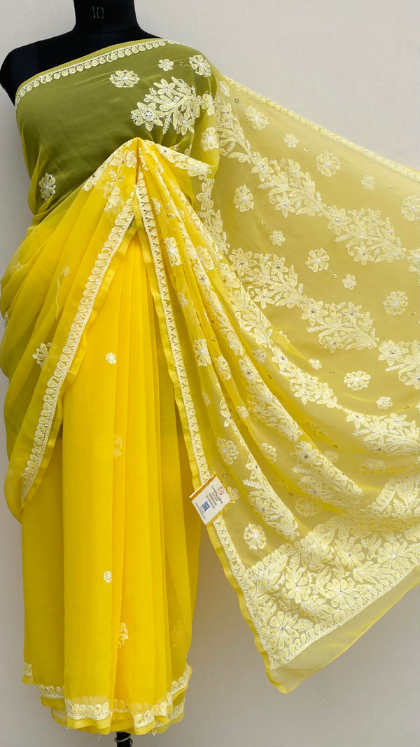 Lucknowi Chikankari Saree Yellow Georgette With Mukaish Work