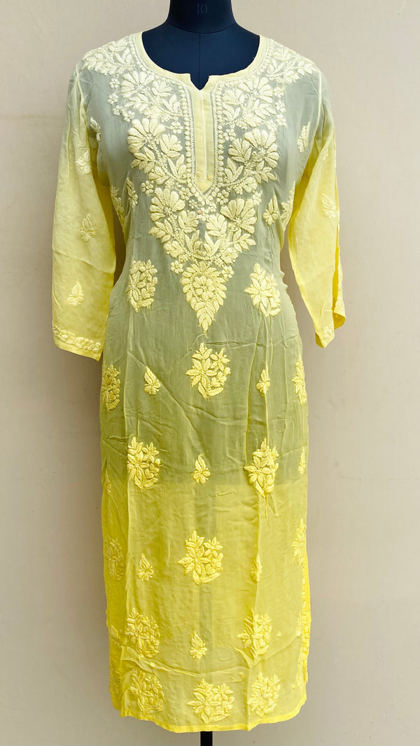 Lucknowi Chikankari Ombre Kurti Yellow Pure Georgette With Self 3D & Mukaish Work