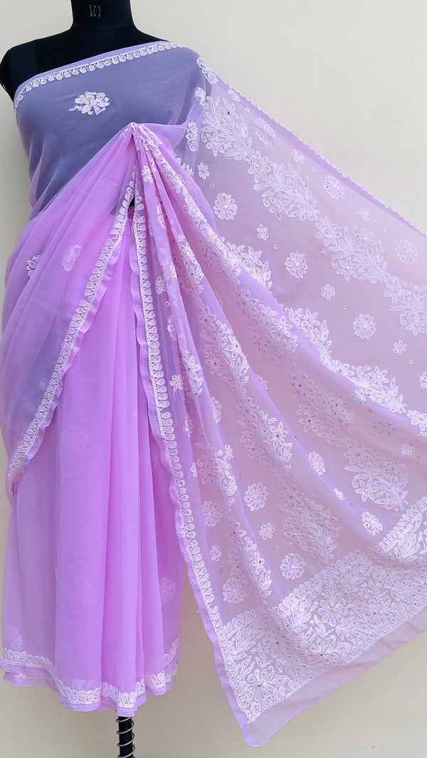 Lucknowi Chikankari Saree Pink Georgette With Mukaish Work