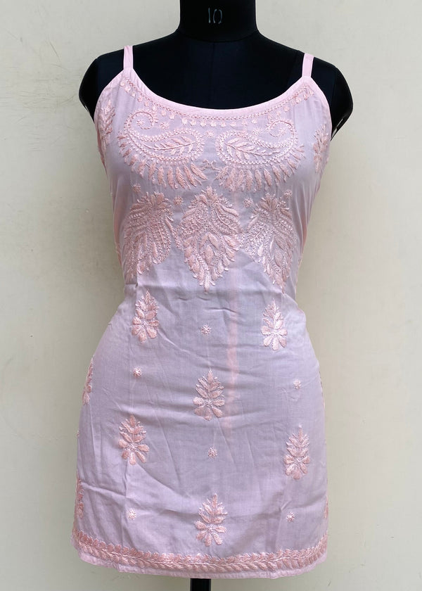 Lucknowi Chikankari Noodle Strap Short Kurti Pink Modal Cotton With Self Work