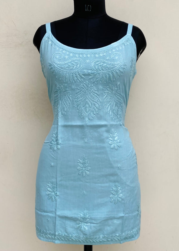 Lucknowi Chikankari Noodle Strap Short Kurti Teal Green Modal Cotton With Self Work