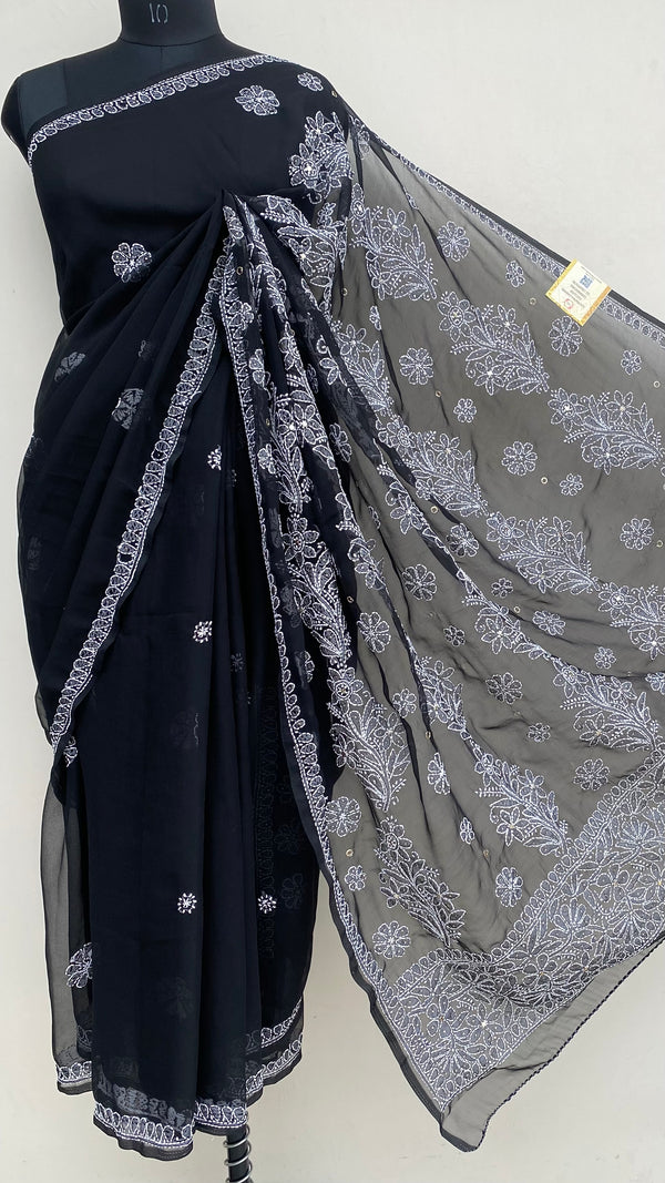 Lucknowi Chikankari Saree Black Georgette With Mukaish Work