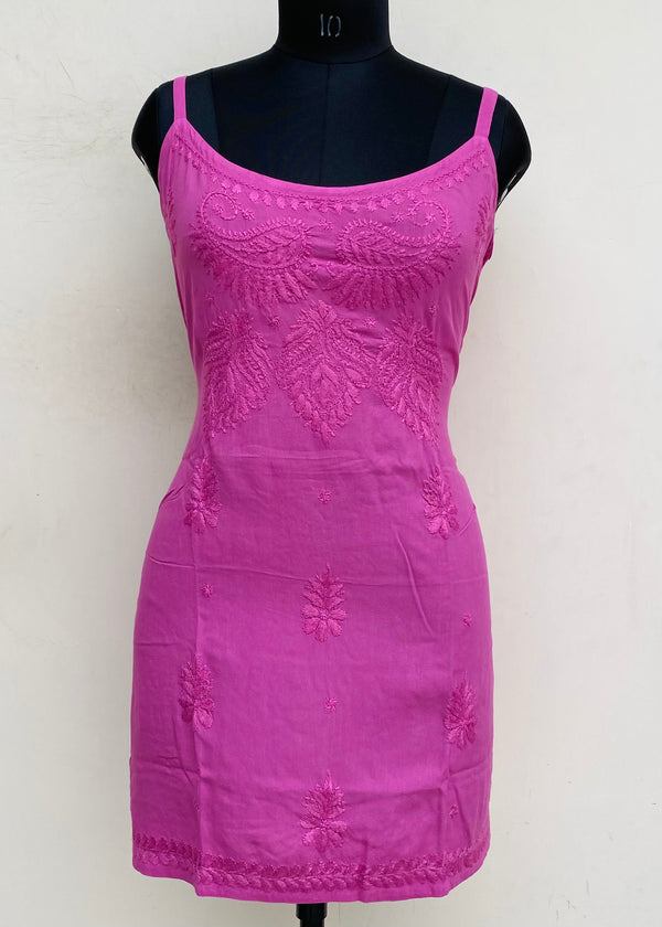 Lucknowi Chikankari Noodle Strap Short Kurti Pink Modal Cotton With Self Work