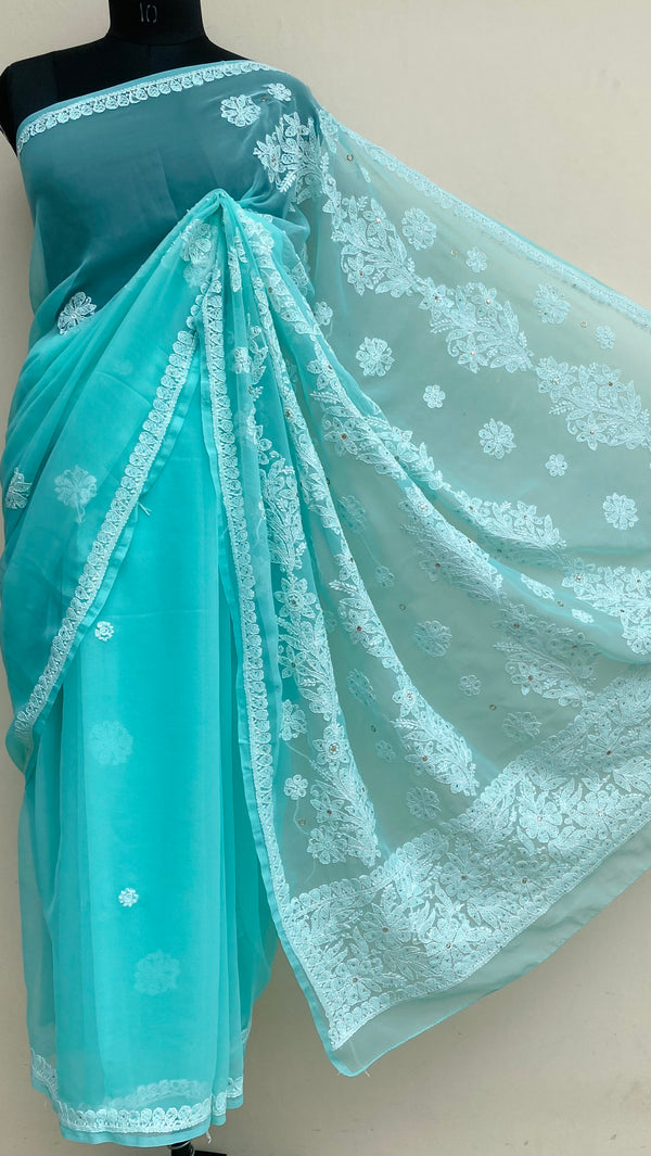 Lucknowi Chikankari Saree Sea Green Georgette With Mukaish Work