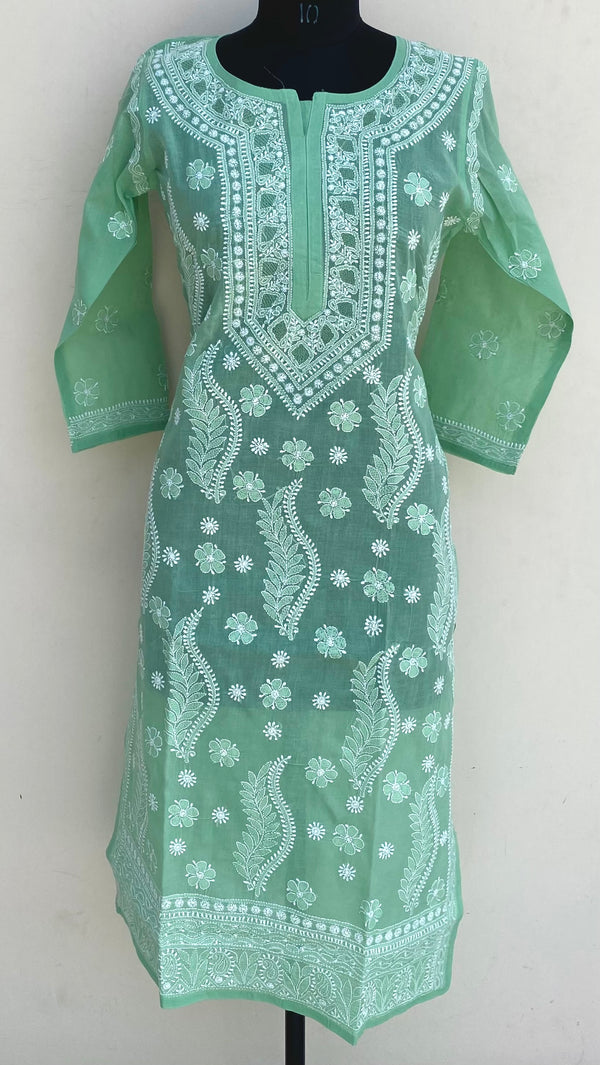 Lucknowi Chikankari Kurti Pista Green Cotton With Jaali Work