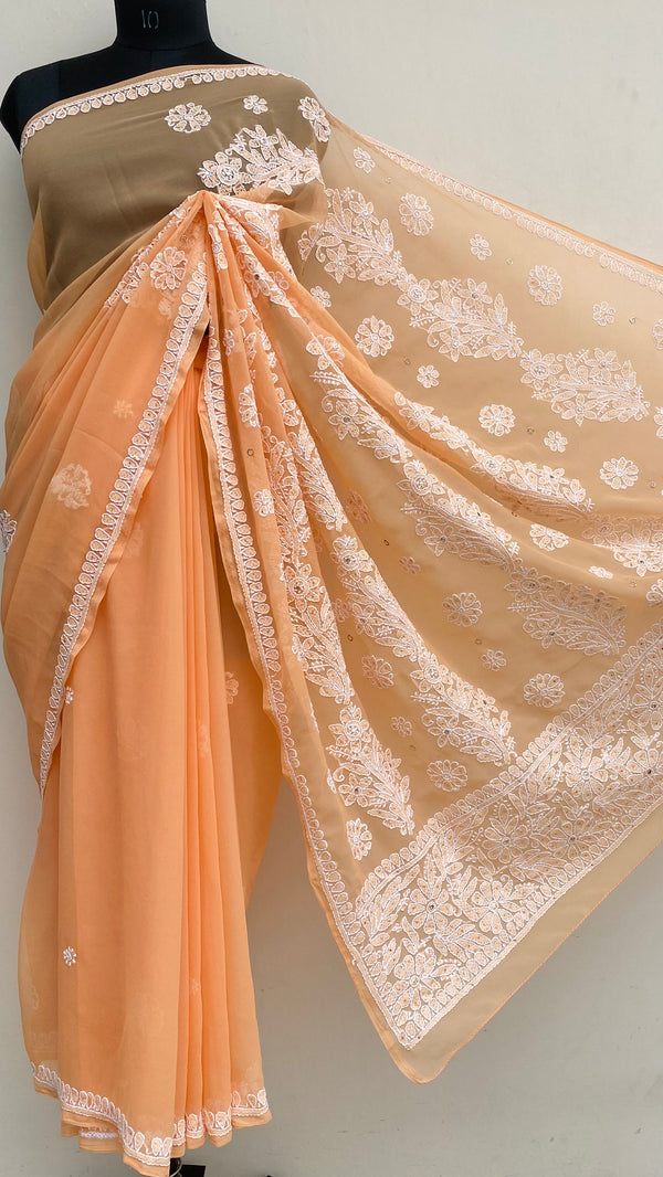 Lucknowi Chikankari Saree Peach Georgette With Mukaish Work