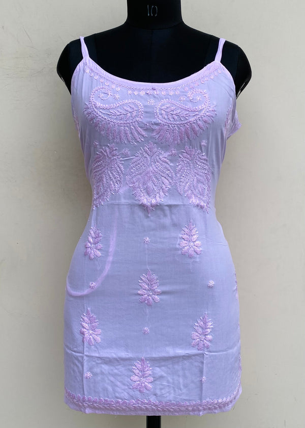 Lucknowi Chikankari Noodle Strap Short Kurti Pink Modal Cotton With Self Work