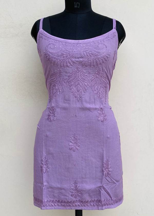 Lucknowi Chikankari Noodle Strap Short Kurti Onion Pink Modal Cotton With Self Work
