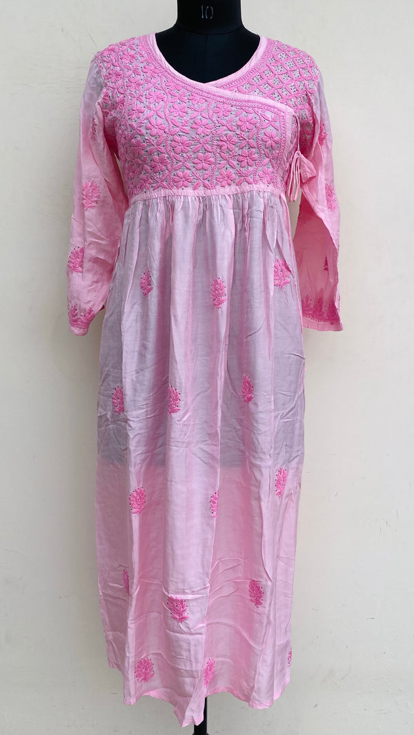 Lucknowi Chikankari Angrakha Kurti Pink Muslin Cotton With Self 3D & Mukaish Work