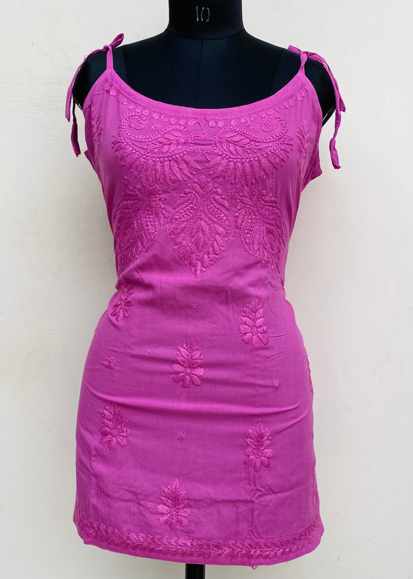 Lucknowi Chikankari Noodle Strap Short Kurti Pink Modal Cotton With Self Work