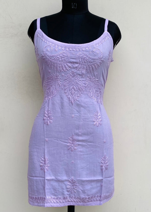 Lucknowi Chikankari Noodle Strap Short Kurti Purple Modal Cotton With Self Work