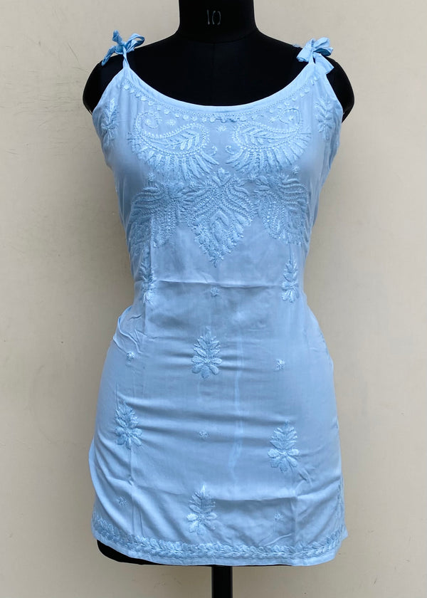 Lucknowi Chikankari Noodle Strap Short Kurti Powder Blue Modal Cotton With Self Work