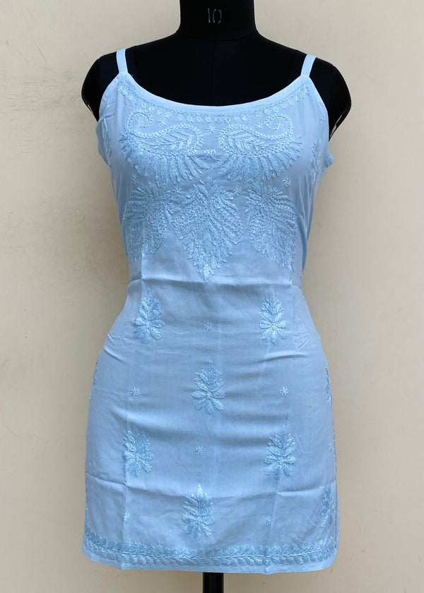 Lucknowi Chikankari Noodle Strap Short Kurti Powder Blue Modal Cotton With Self Work