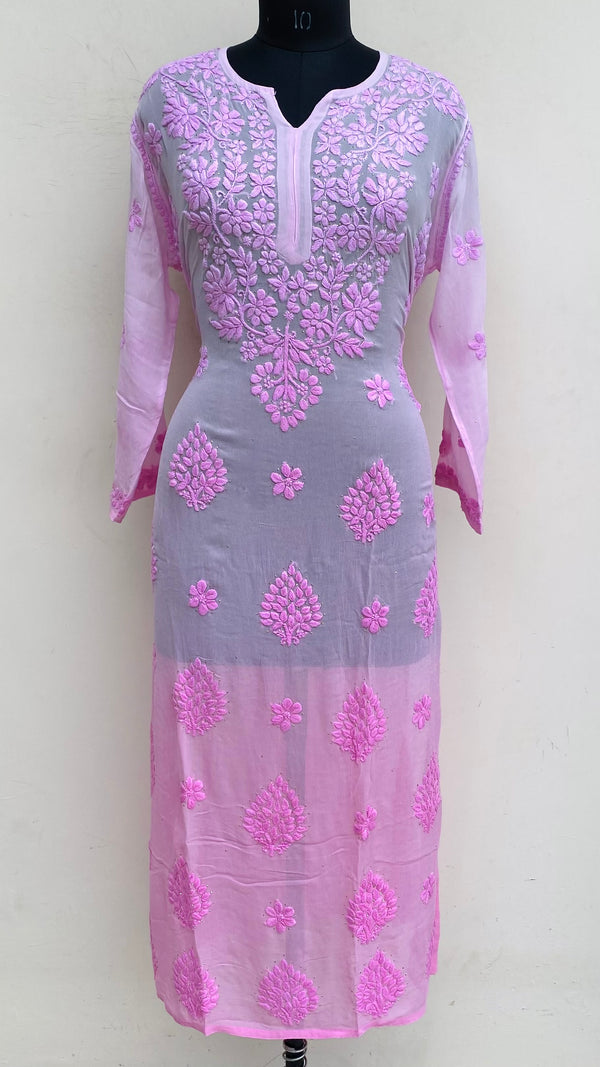 Lucknowi Chikankari Ombre Kurti Pink Pure Georgette With Self 3D & Mukaish Work