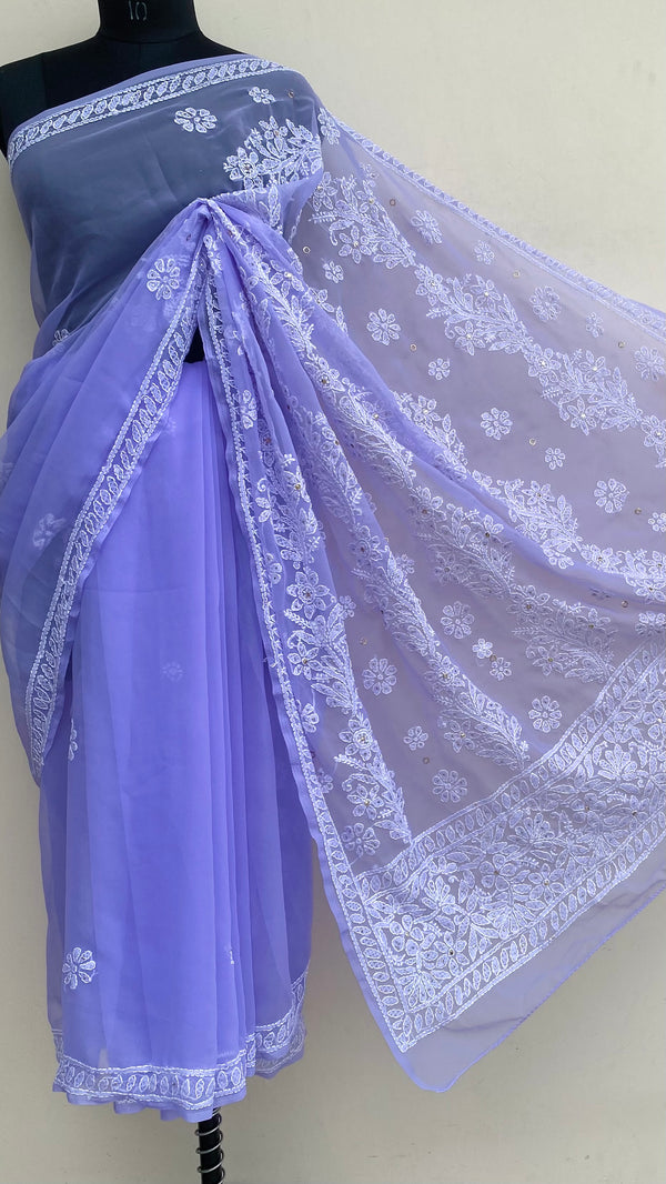 Lucknowi Chikankari Saree Purple Georgette With Mukaish Work