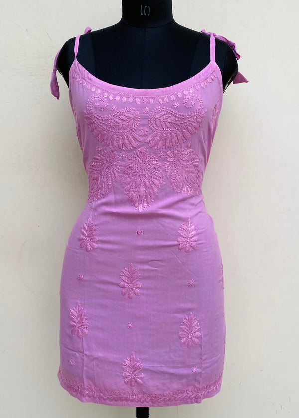 Lucknowi Chikankari Noodle Strap Short Kurti Pink Modal Cotton With Self Work