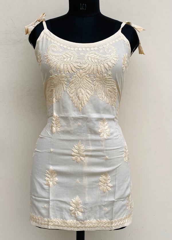 Lucknowi Chikankari Noodle Strap Short Kurti Cream Modal Cotton With Self Work