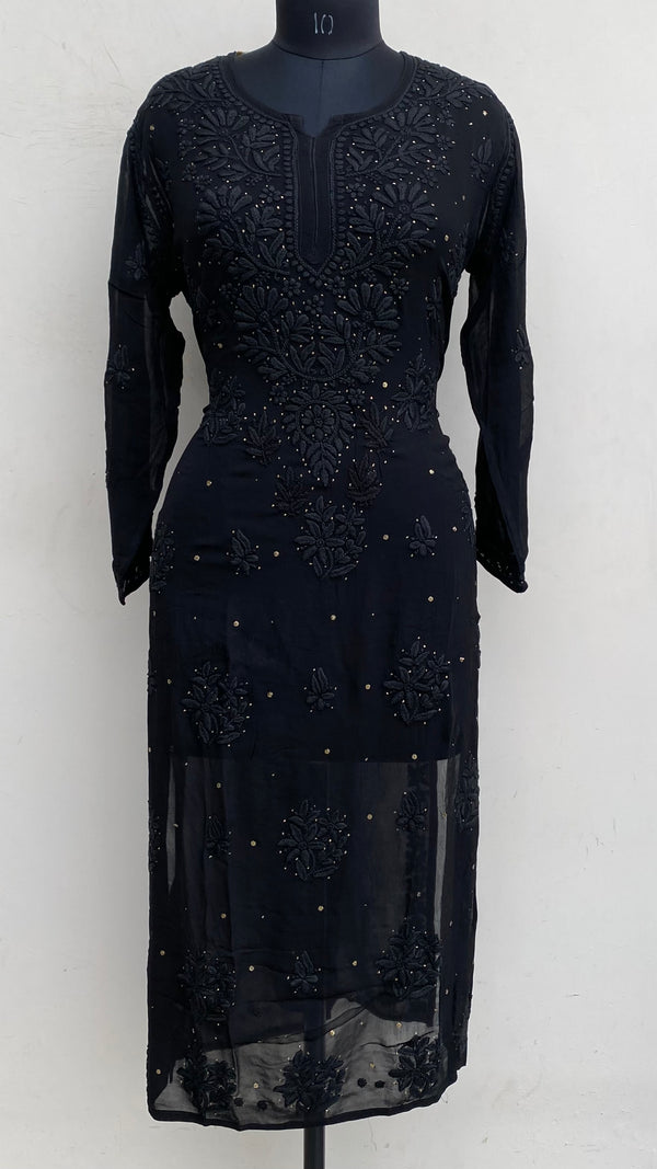 Lucknowi Chikankari Kurti Black Pure Georgette With Self 3D & Mukaish Work