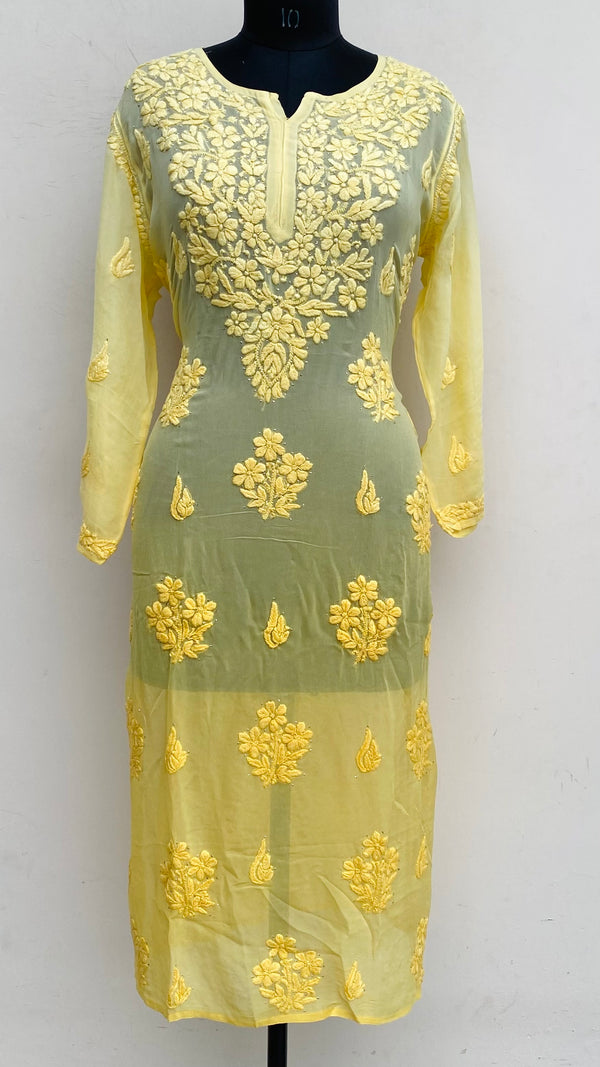 Lucknowi Chikankari Ombre Kurti Yellow Pure Georgette With Self 3D & Mukaish Work