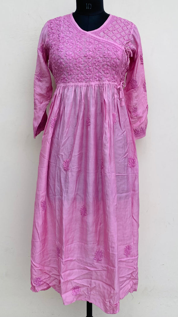 Lucknowi Chikankari Angrakha Kurti Pink Muslin Cotton With Self 3D & Mukaish Work