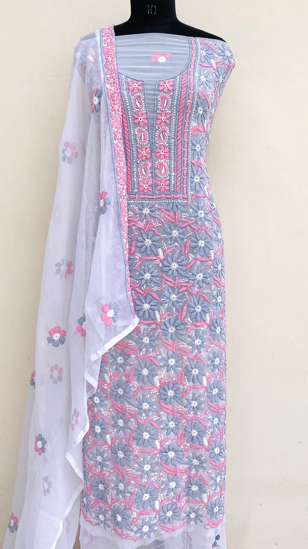 Lucknowi Chikankari Suit Length 3 Piece White Georgette