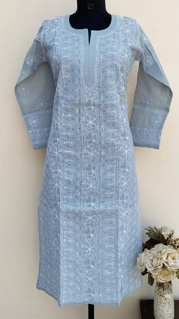 Lucknowi Chikankari Kurti Gray Cotton With Jaali Work
