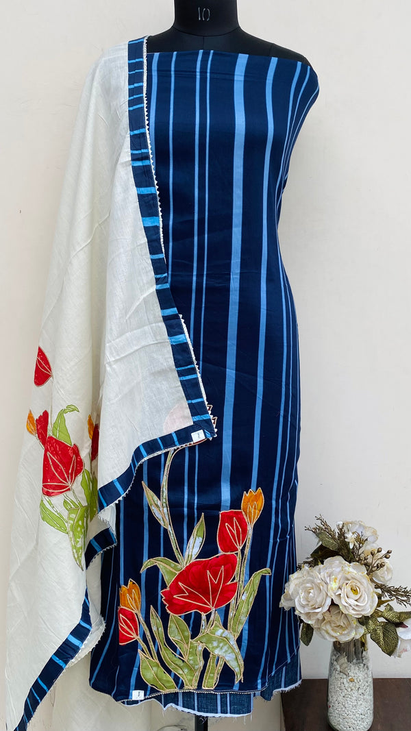 Designer Embroidered Suit Length 3 Piece Navy Blue Muslin Cotton