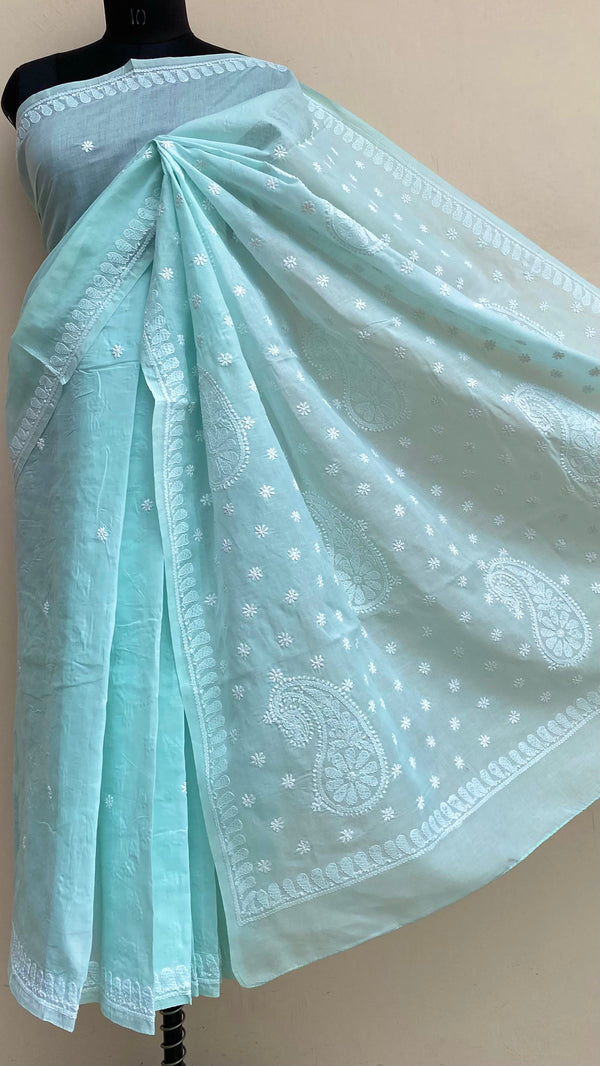 Lucknowi Chikankari Saree Sea Green Cotton