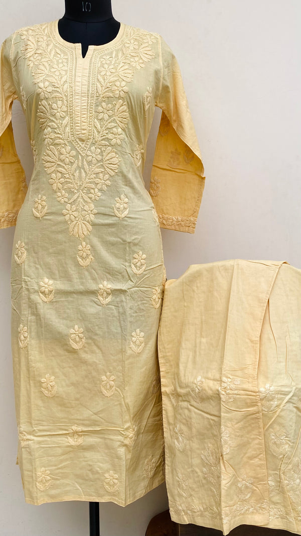 Lucknowi Chikankari Co-ord Set Yellow Mulmul Cotton With Self Work