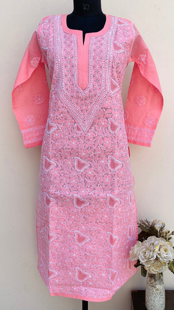 Lucknowi Chikankari Kurti Pink Cotton With Jaali Work