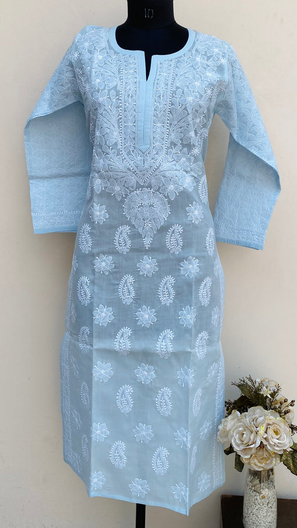 Lucknowi Chikankari Kurti Powder Blue Cotton