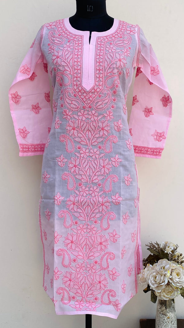 Lucknowi Chikankari Kurti Pink Cotton With Jaali Work