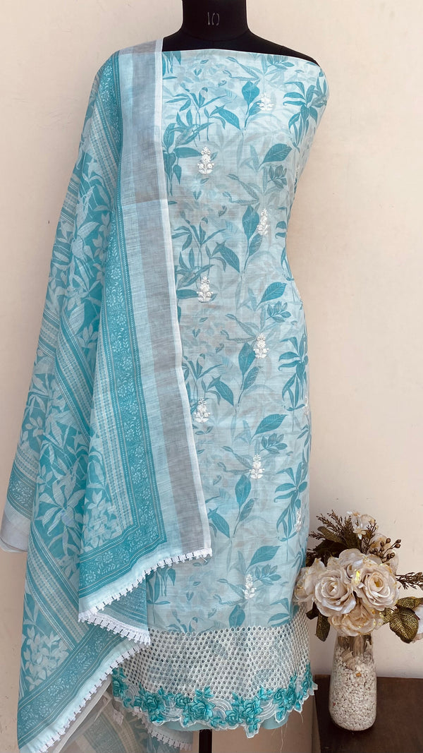 Designer Embroidered Suit Length 3 Piece Blue Linen
