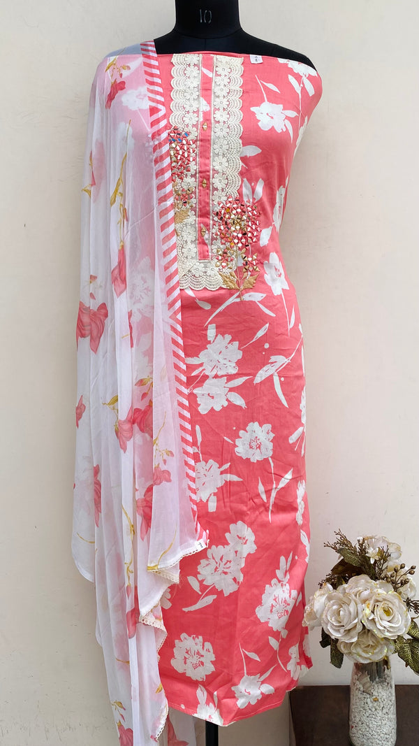 Designer Embroidered Suit Length 3 Piece Pink Mal Cotton With Mirror Work