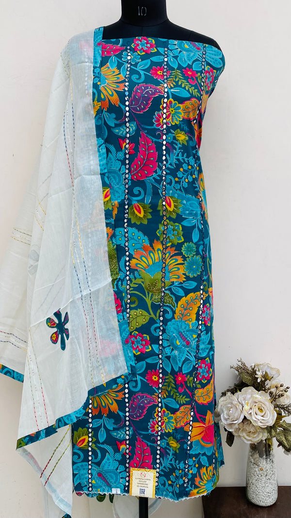 Designer Embroidered Suit Length 3 Piece Blue Mal Cotton