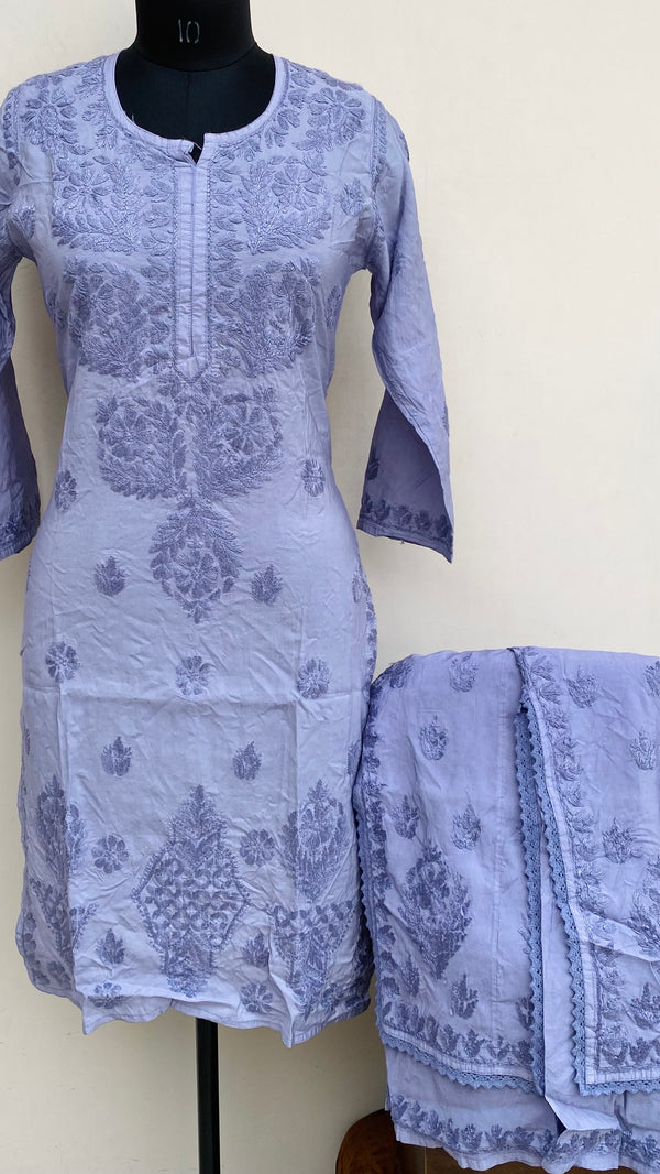 Lucknowi Chikankari Co-ord Set Gray Mal Chanderi With Self Work