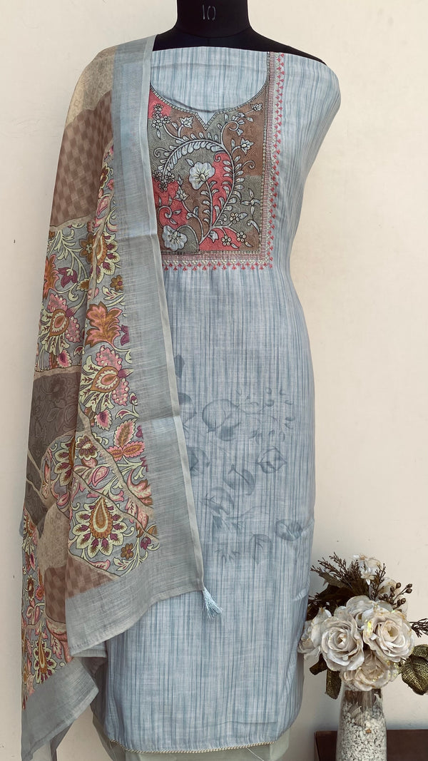 Designer Embroidered Suit Length 3 Piece Gray Linen With Sequence Work